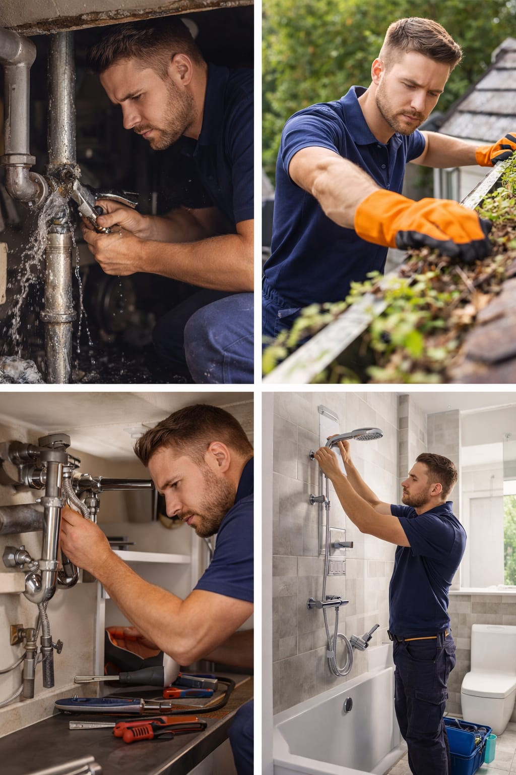 ABC Plumbing service collage showing drain work, gutter cleaning, plumbing repair, and bathroom fitting